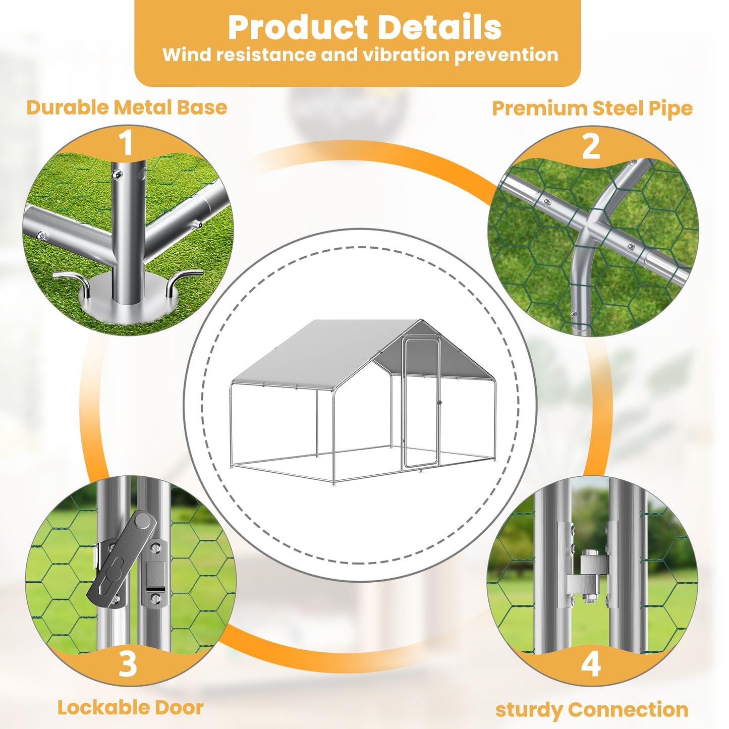 ROOMTEC Chicken Coop Large Metal Chicken Run for 20-30 Chickens,Dog Kennel Outdoor with Waterproof and Anti-UV Cover Lockable Door Design(9.8'Lx19.6'Wx6.4'H)