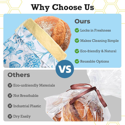 Yolysudo 2 Pack 17''x 13" Reusable Vintage Floral Beeswax Bread Bags for Sourdough, Large Beeswax-Lined Cotton Homemade