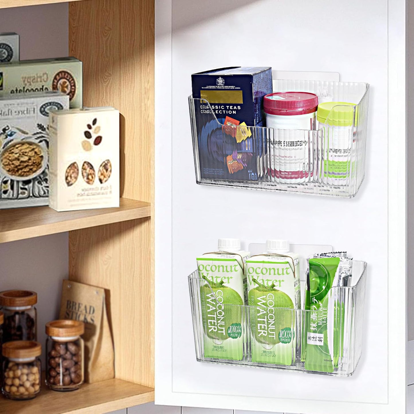 Pensino 2 Pack Adhesive Cabinet Door Organizer Storage Caddy, Clear Lid Organizer Inside Cabinet Wall Mounted Pantry Door Caddy for Food Container Lid Kitchen Under Sink Basket (Clear)