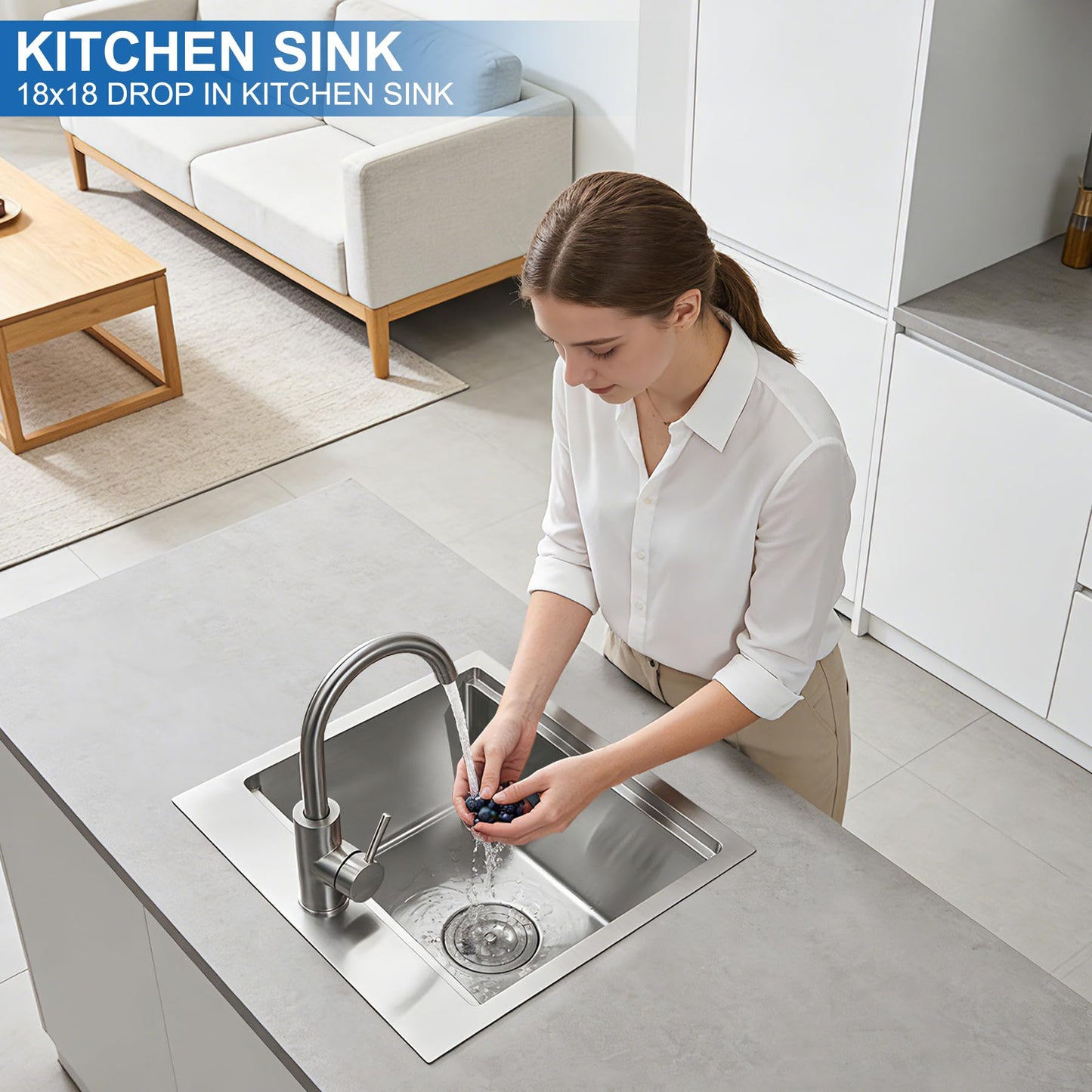 Scamall 18x18x10 Drop In Kitchen Sink Workstation, Brushed Silver 304 Stainless Steel Single Bowl with Quick Drainage & Tarnish-Free Surface for Bar, RV, Includes Accessories