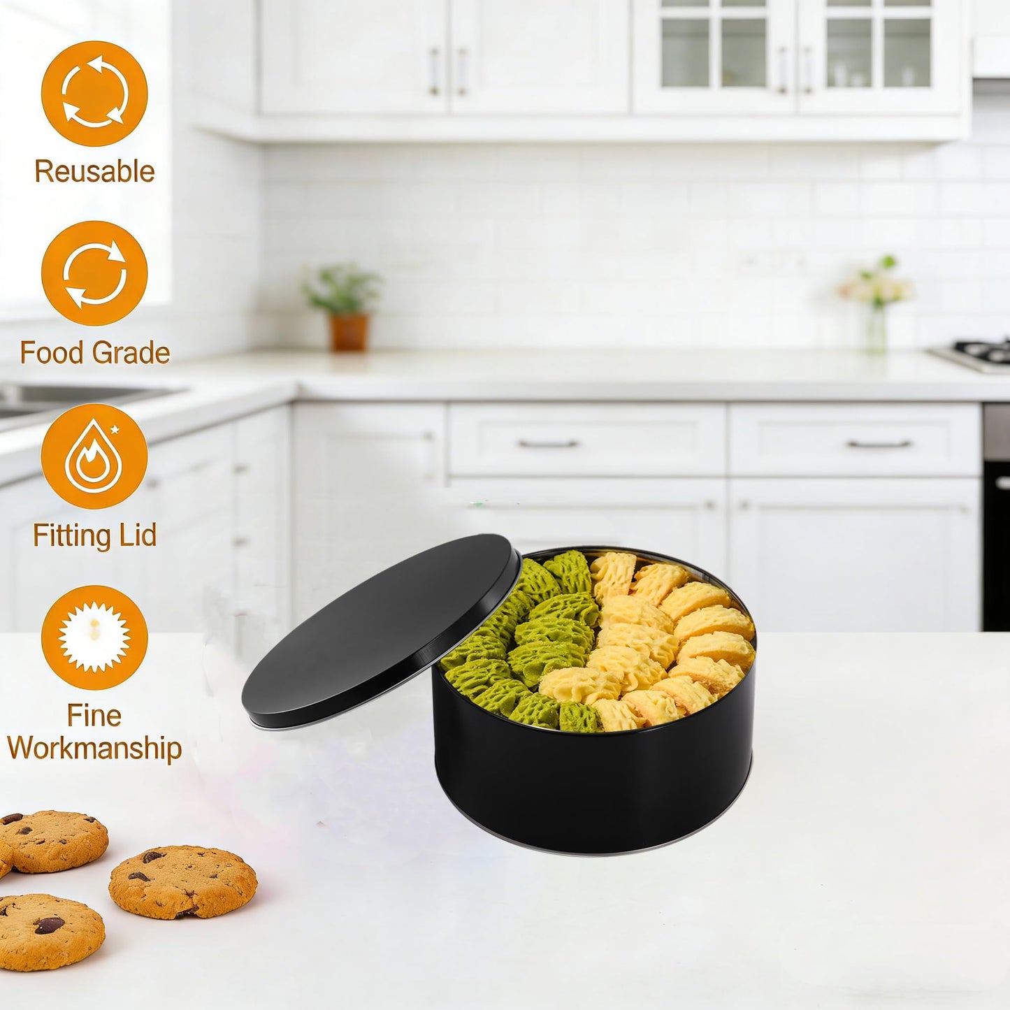 Yopay 3 Pack Cookie Tin with Lid, Round Gift Tin, Black Baking Cake Container for Storing Patisseries, Snack, Chocolate, Easter, Special Occasion, Holidays, 7" Wide by 3.2" Tall