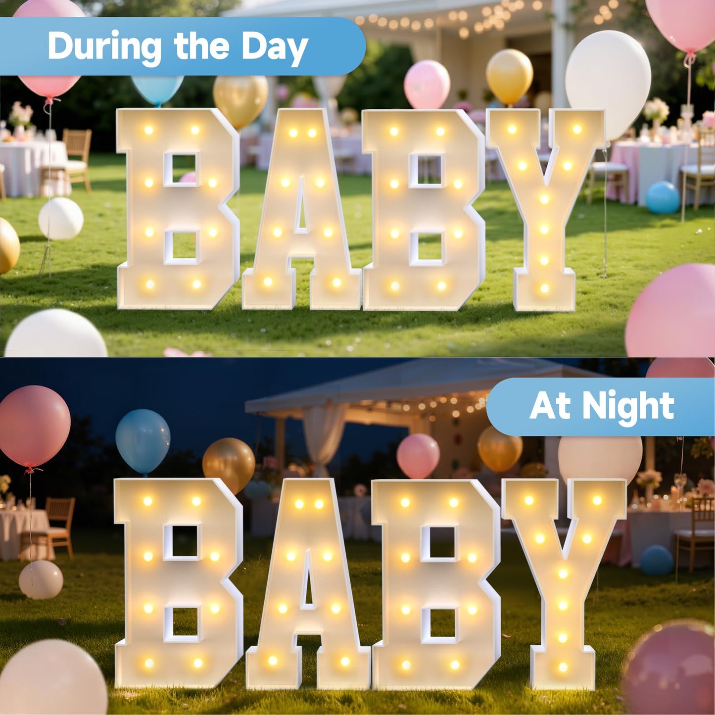 3FT Baby Marquee Letters, Large Light Up BABY Sign for Backdrop Baby Shower Decorations, 3 Feet Tall Big Light Up Letters for Girl Boy Gender Reveal Party Decor, Pre-Cut Foam Board Kit, 4 Pcs