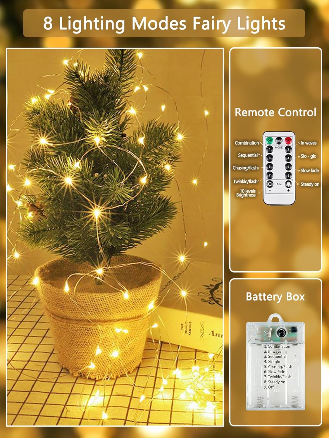 26FT 80 1 Pack 8 LED Fairy Lights Battery Operated with Remote Control & Timer, String Lights Outdoor Indoor, Modes