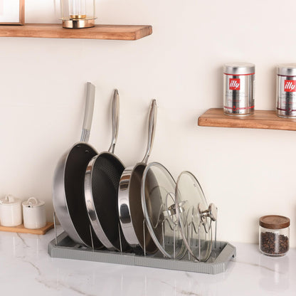 Adjustable Pot Lid Organizer Rack, 9 Compartments Cabinet Storage Holder for Pots, Pans, Lids, Cutting Boards, Bakeware