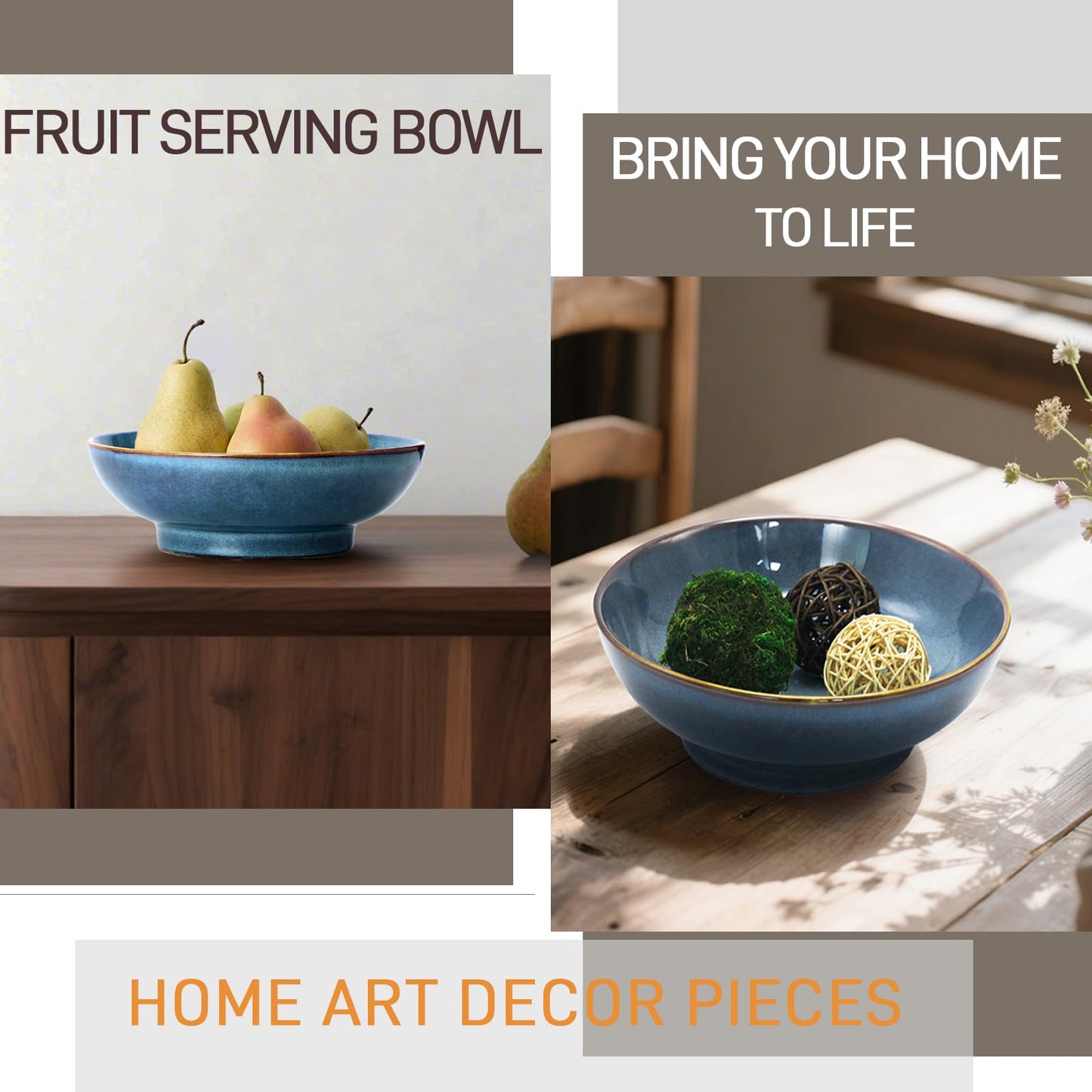 Ronanemon Ceramic Fruit Bowl,10.2" Decorative Bowl, Large Fruit Bowl for Kitchen Counter, Pedestal Bowl, Kitchen Counter Décor, Bread Candy Snacks Organizer(Starry sky blue)