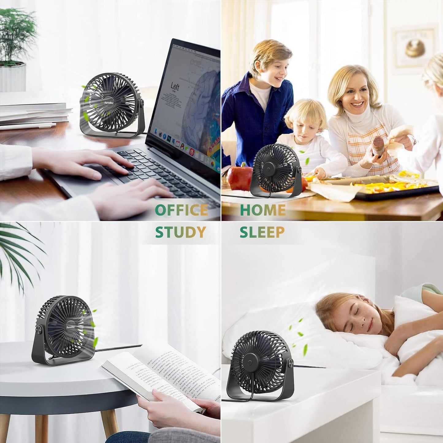 FARADAY USB Desk Fans, 5 Inches Portable Table Fans with 360° Head Rotation for Home Office, 3 Speeds, Black