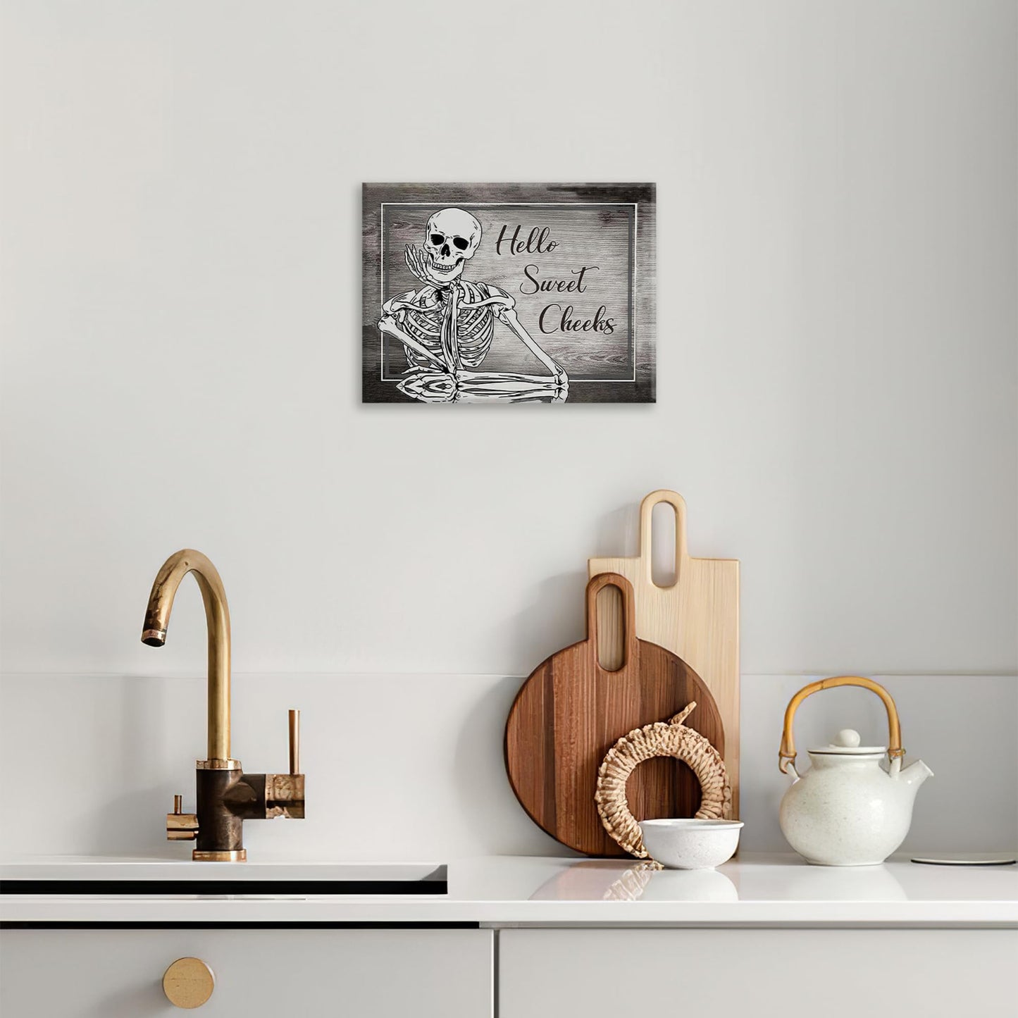 Bathroom Decor Wall Art Halloween Skeleton Canvas Prints Painting Gothic Skull Bathroom Pictures Framed Funny Weird Artwork for Toilet Restroom Washroom 16"x12"