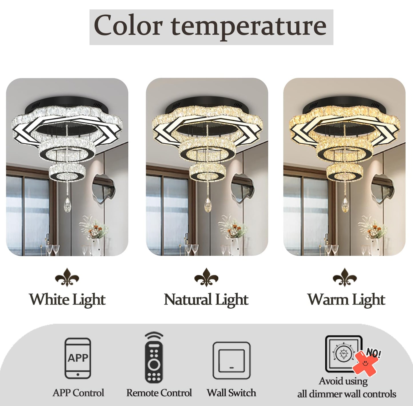 Flashing God Modern Crystal Chandeliers Dia 24" Black Chandelier Flush Mount Ceiling Light for Bedroom Living Room Dining Room Hallway Dimmable 3 Rings LED Celing Lighting Fixtures