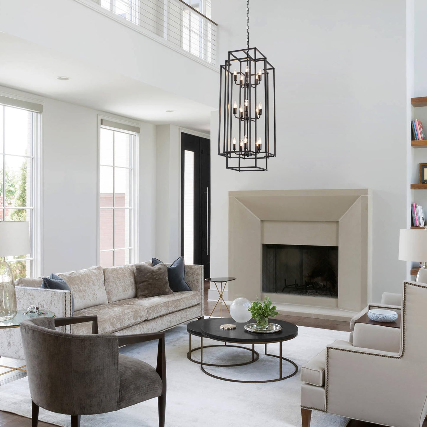 Xuridongsheng 15-Light Lantern Chandelier for Foyer Large Black High Ceiling Chandelier with 3-Tier Candle Design, Modern Farmhouse Entryway Lighting Fixture for Staircase, Two Story Living Room, E12