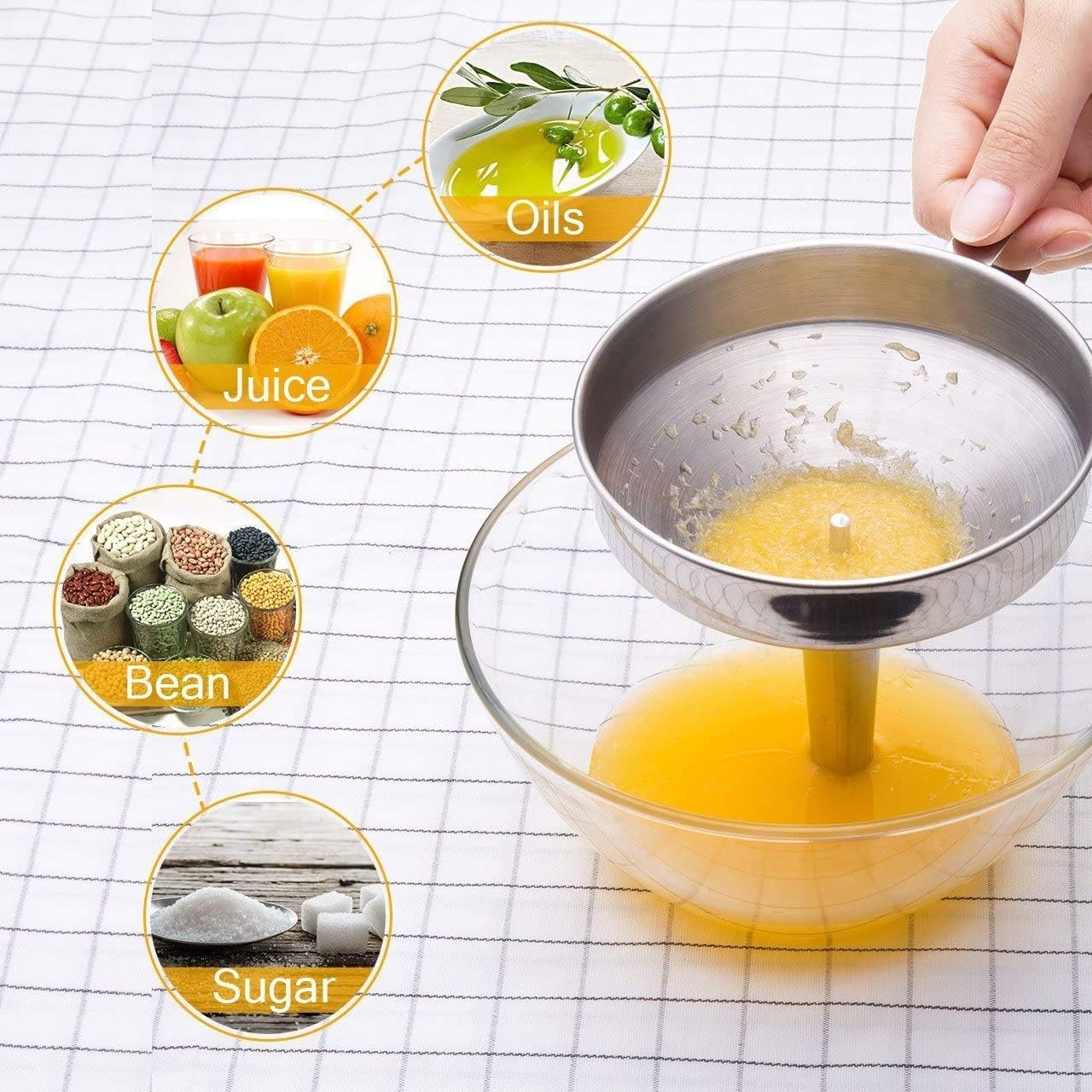 Kitchen Funnel, 3 Piece Stainless Steel Set with Handle and Removable Strainer for Liquid Transfer