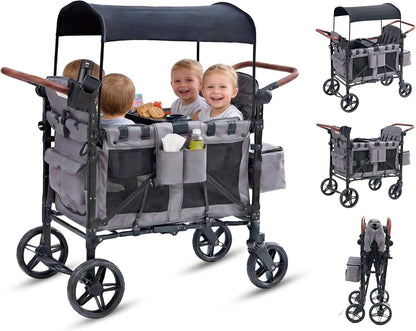 Stroller Wagon for 4 Kids, 4 Seater Wagon Stroller with Snack Tray, Large Storage Bag, Phone Cup Holder, Removable Canopy, Foldable Wagon Stroller 4 Seater with Adjustable Push Handles (Grey)