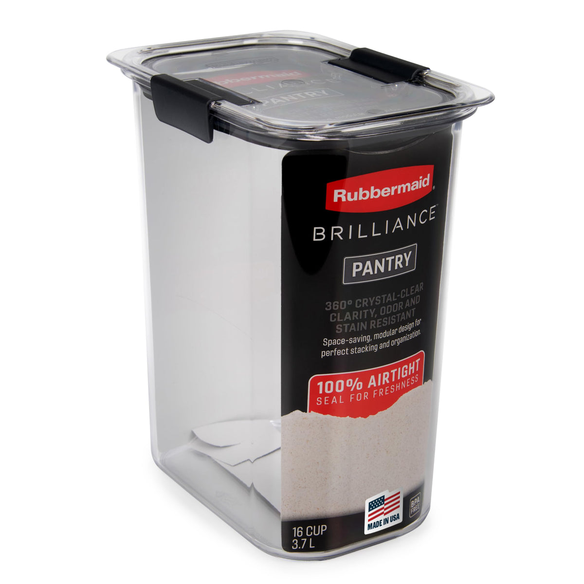 Rubbermaid Brilliance 16-Cup Airtight Food Storage Container with Lid Clear/Grey - optimal for pantry organization flour sugar and food storage
