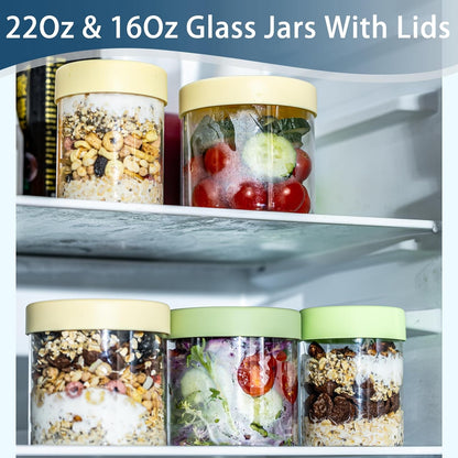 22oz 16 oz (8PCS) Overnight Oats Containers with Lids, & Glass Jars with Airtight Lids, Wide Mouth Overnight Oats Jar