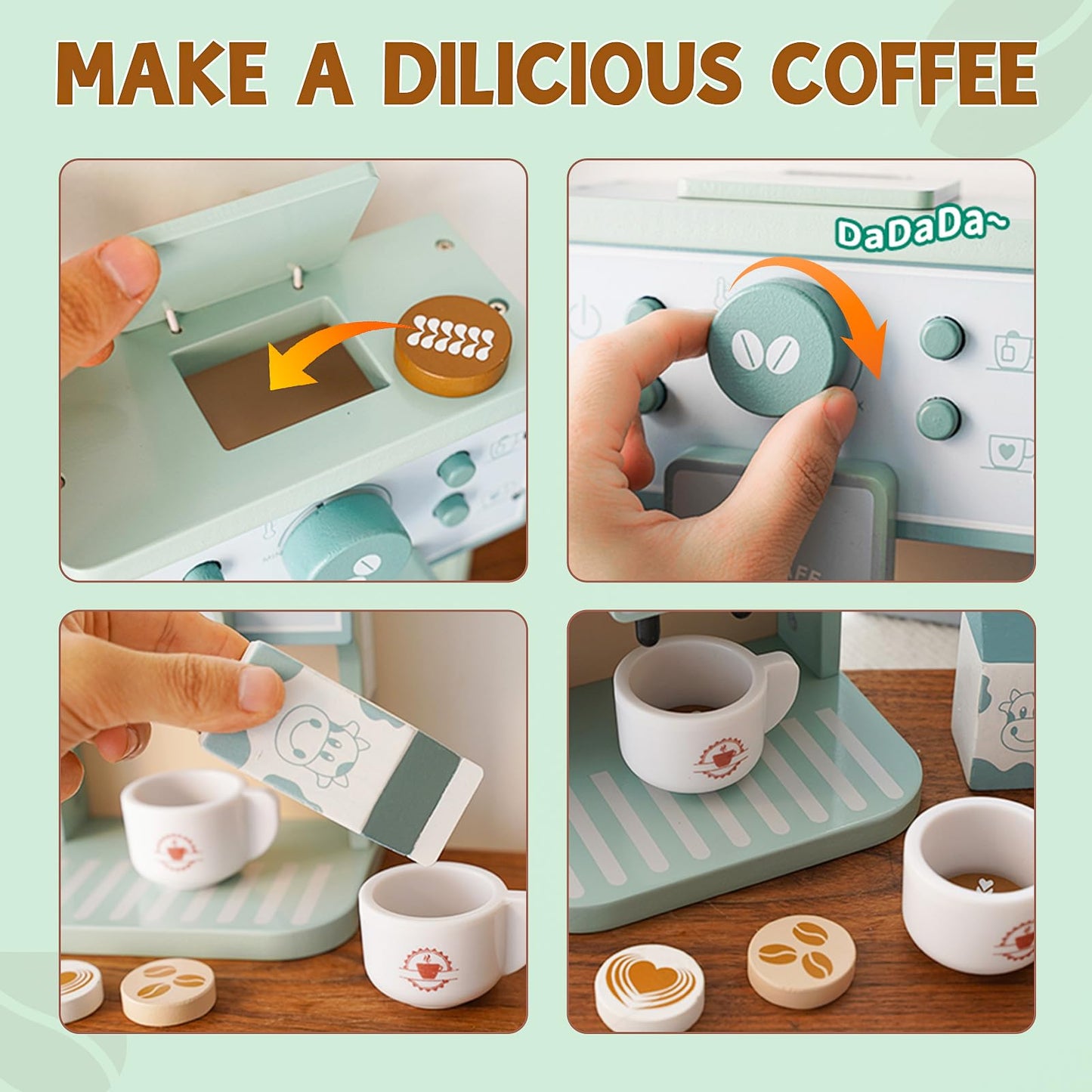Kids Coffee Playset Toy Coffee Maker Set for Toddler Wooden Kitchen Accessories Pretend Play for Girls Boys Ages Birthday Gifts