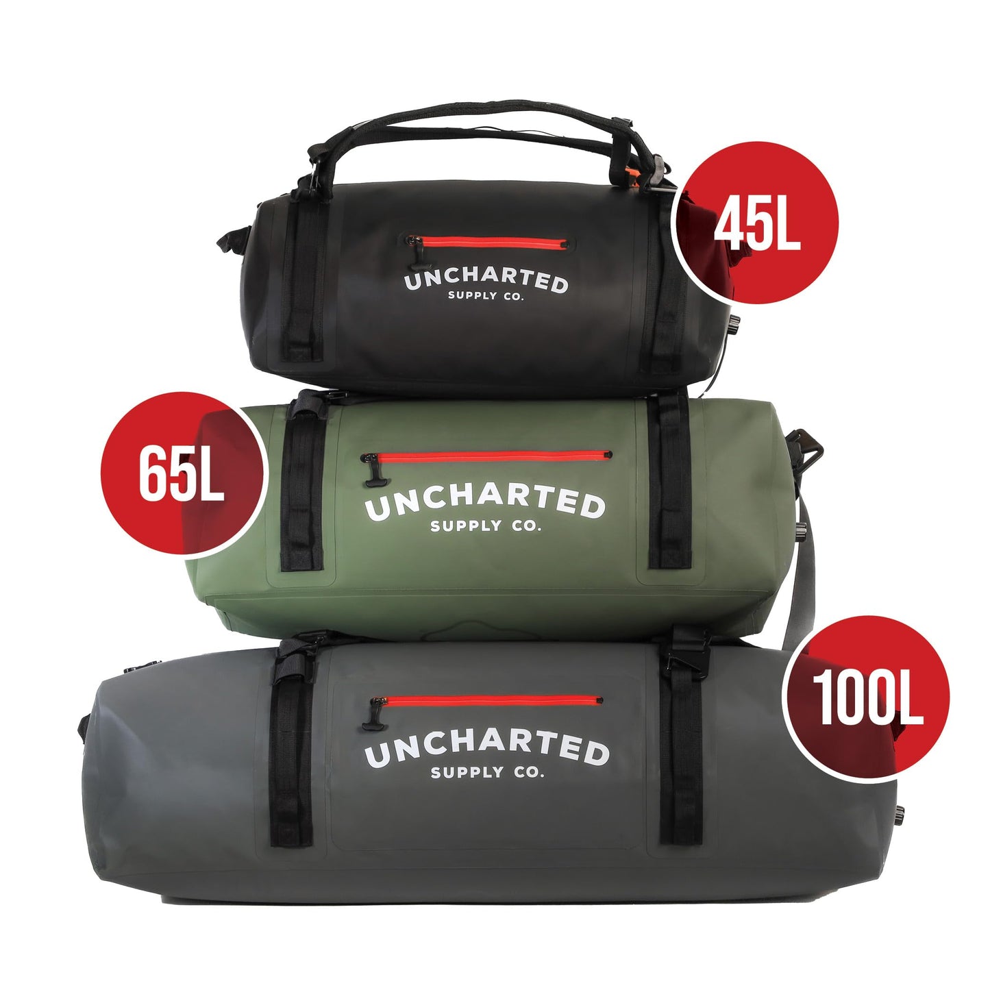 Uncharted Supply Co. The Vault Waterproof Duffel Bag - Airtight bag with Backpack Straps, Carry-On Size, Perfect for travel, boating, camping, recreation. (Black, 100L)