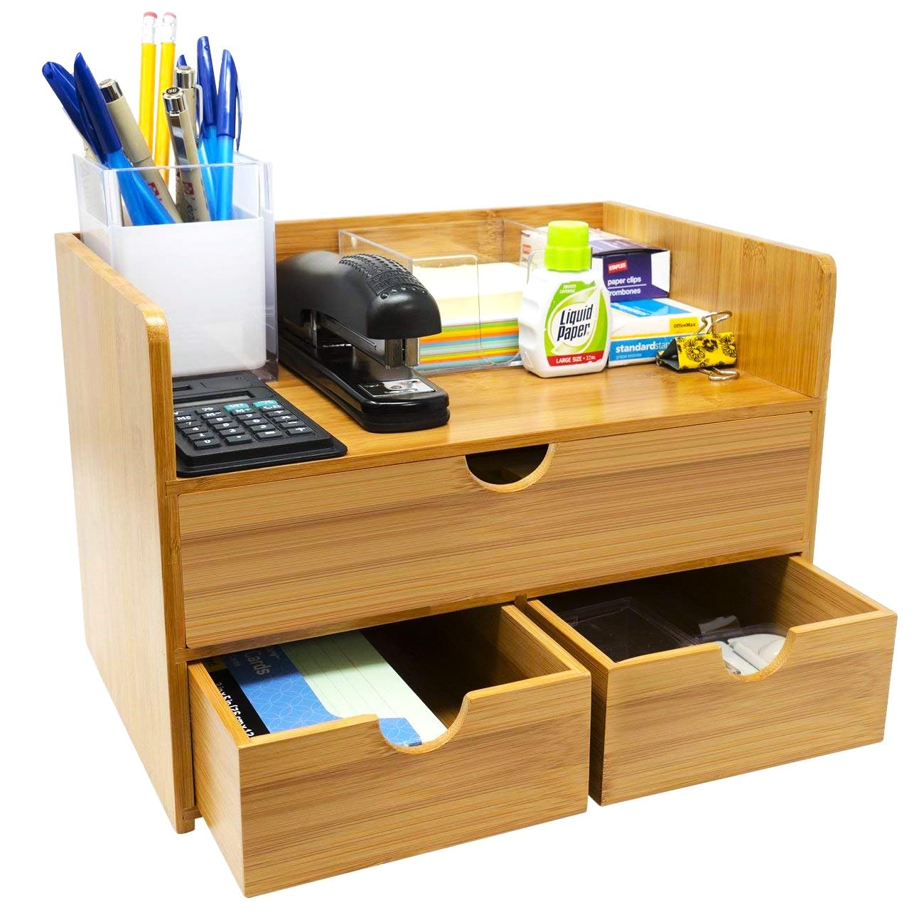 Sorbus Bamboo Desk Organizer - 3-Tier 100% Bamboo Desktop Organizers – Mini Bamboo Desk Drawer Tabletop Storage Box Countertop Organization 3 Drawers & Shelf - Office, Makeup Vanity, Fully Assembled