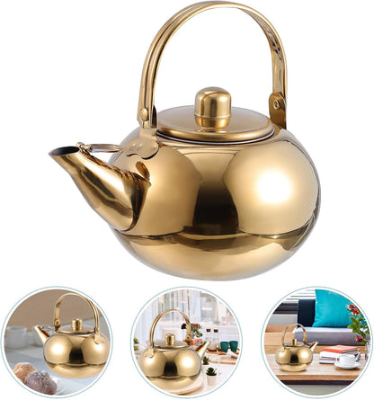 Hemoton Stainless Steel Tea Pot with Infuser, 1L/34 OZ Stovetop Kettle for Loose Leaf Tea, Golden Camping