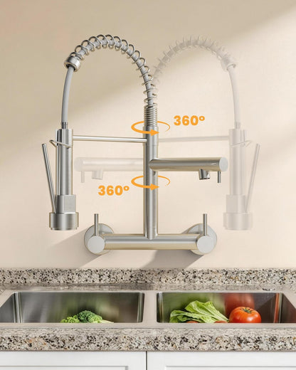 BLYLUND Wall Mount Kitchen Faucet with Pull Down Sprayer, Stainless Steel 8 Inch Center Commercial Sink Faucets 2 Handle Utility Sink Tap High Arch for Kitchen Laundry Restaurant, Brushed Nickel