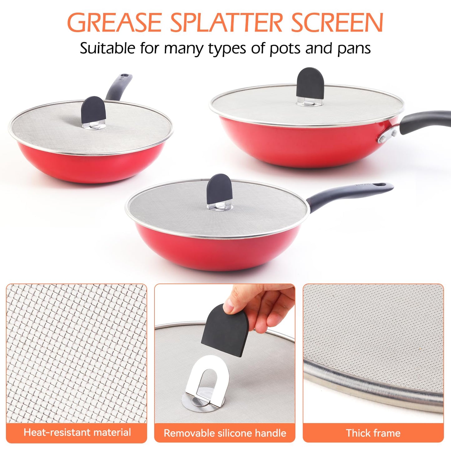 Snowyee Grease Splatter Guard, 3PCS Splatter Screen with Silicone Heat Resistant Handle and Stainless Steel Fine Mesh Design for Safe Indoor and Outdoor Cooking (13/11.5/10 inch and 33/29/25cm)