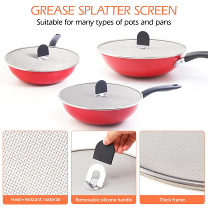 Snowyee Grease Splatter Guard, 3PCS Splatter Screen with Silicone Heat Resistant Handle and Stainless Steel Fine Mesh Design for Safe Indoor and Outdoor Cooking (13/11.5/10 inch and 33/29/25cm)