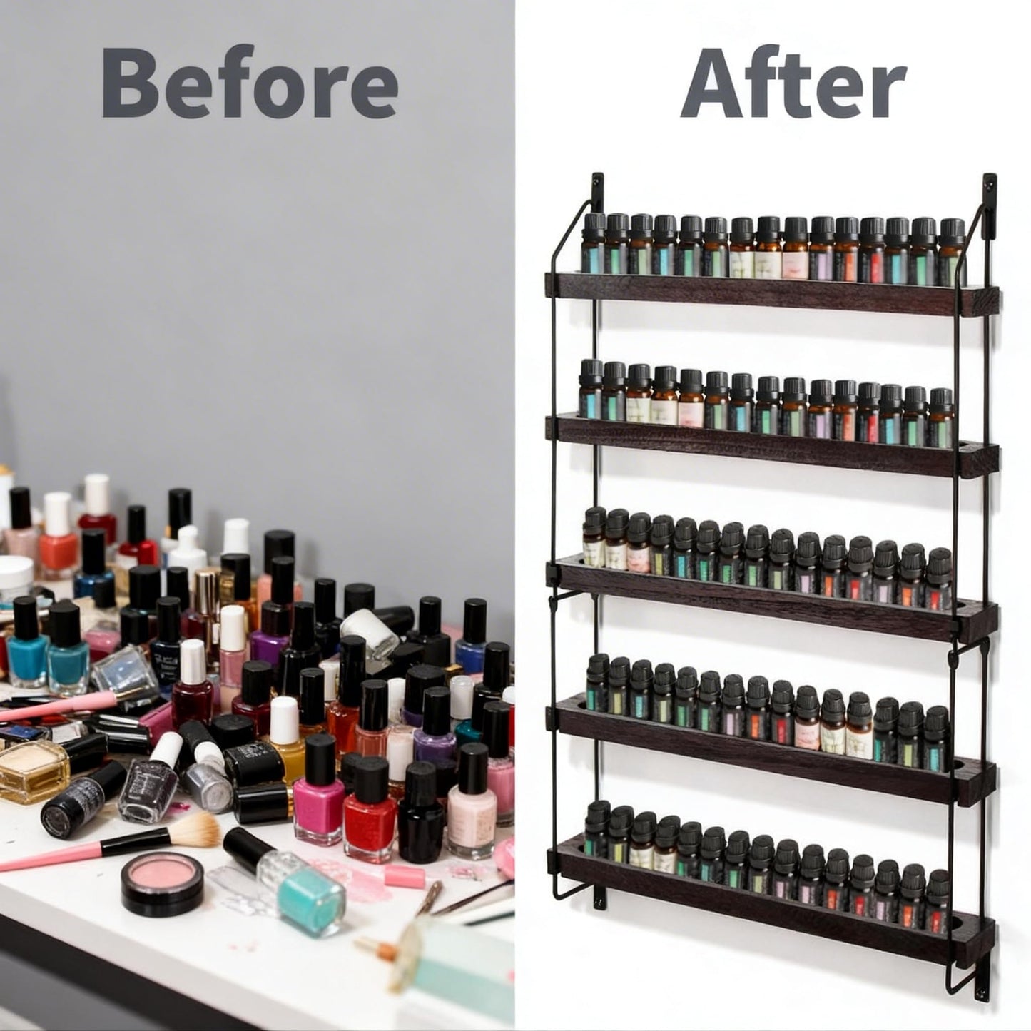 THYGIFTREE Essential Oil Storage Shelf Wall Mounted 16.9" Wooden Essential Oil Collection Display Rack Organizer 5 Tiers Holds 75 Bottles, Nail Polish Holder Paint Organizer