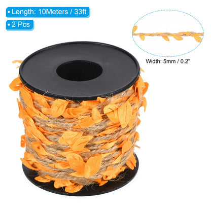 PATIKIL 33ft 5mm Burlap Leaf Ribbon, 2 Roll Braided Decoration Vine Natural Jute Rope Twine with Artificial Leaves for Jungle Wedding Party Home Garden Decor, Orange