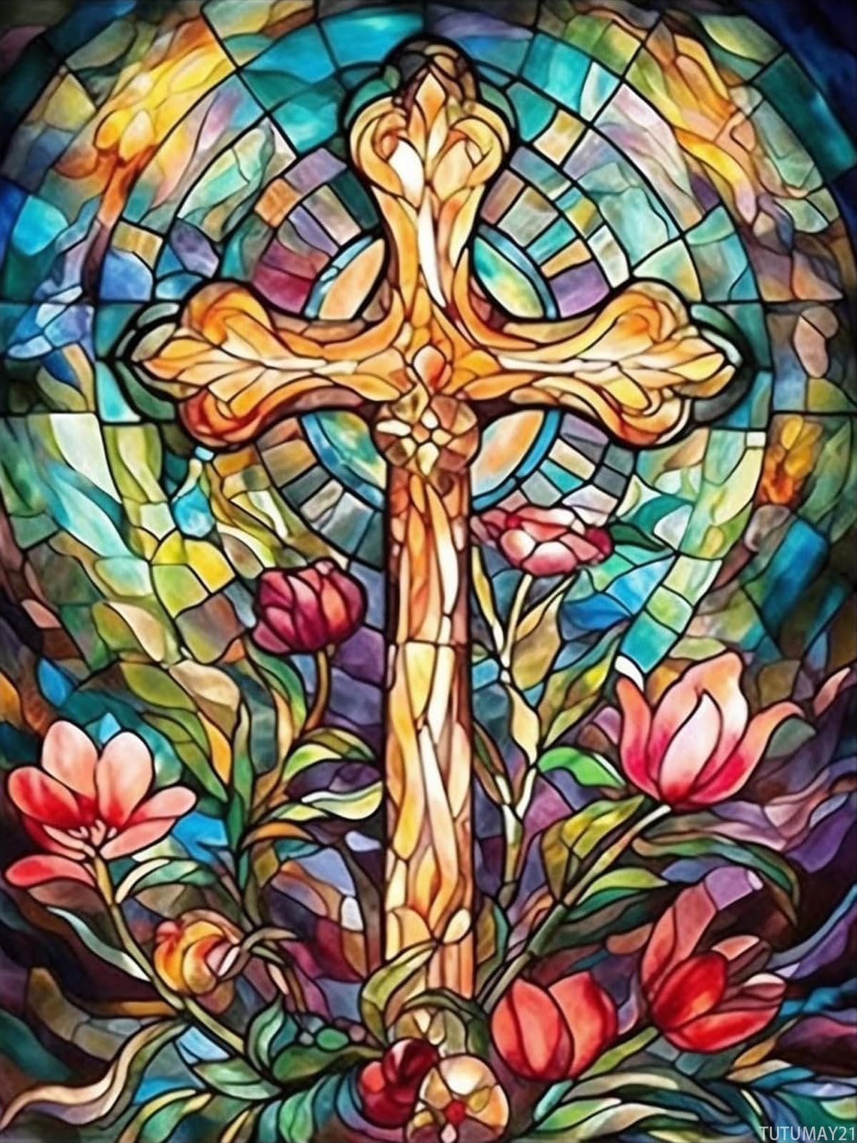 TUTUMAY21 Easter Cross, Stained Glass Cross, 5D Adult Diamond Art, DIY Diamond Art Painting Kits for Home Decor Canvas 12x16in