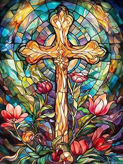 TUTUMAY21 Easter Cross, Stained Glass Cross, 5D Adult Diamond Art, DIY Diamond Art Painting Kits for Home Decor Canvas 12x16in