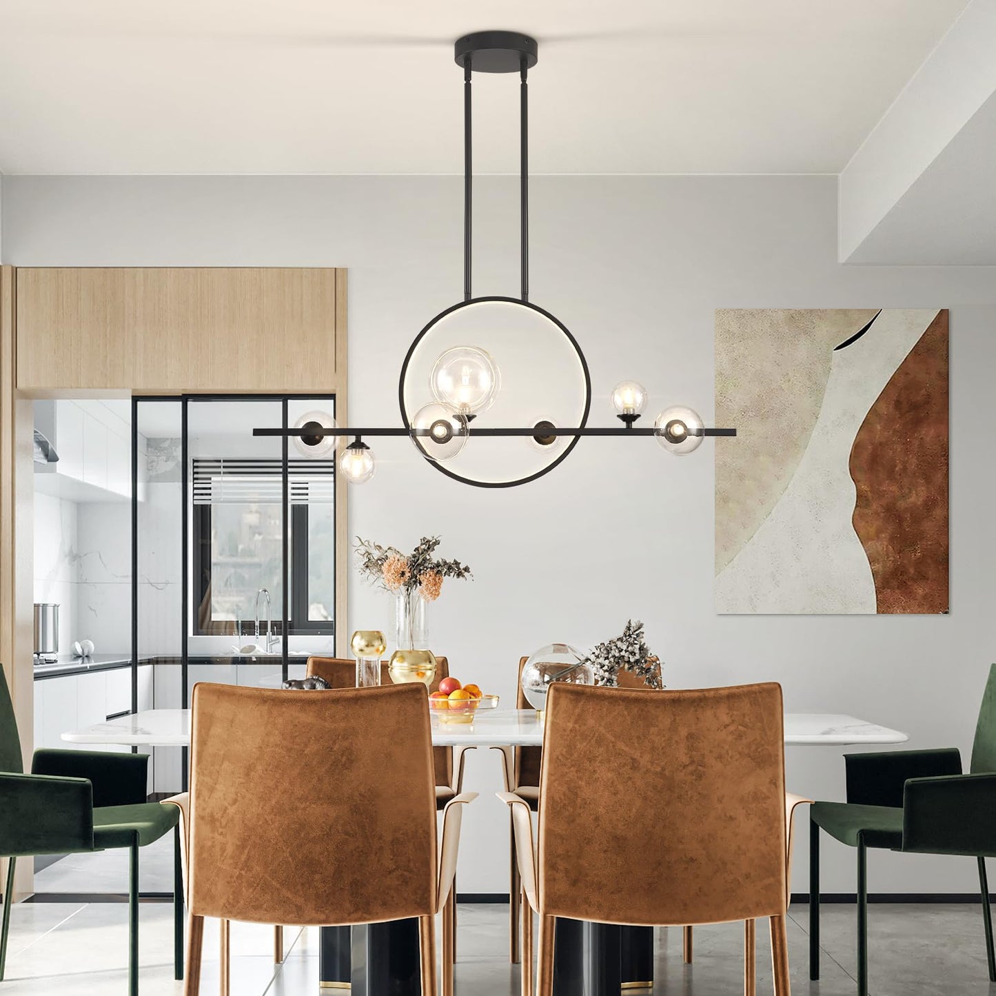 KELUOLY Modern 7 Light Dining Room Chandelier, 37.4" Black Dimmable Mid Century Linear Pendant Lights with Globe Glass Shade, Minimalist Island Light for Dining Room, Office, Kitchen