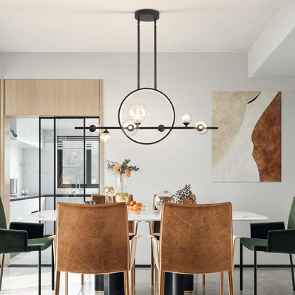 KELUOLY Modern 7 Light Dining Room Chandelier, 37.4" Black Dimmable Mid Century Linear Pendant Lights with Globe Glass Shade, Minimalist Island Light for Dining Room, Office, Kitchen