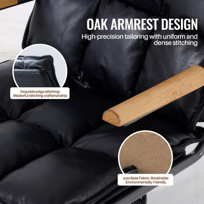 PELLEBAR Home Office Desk Chair, Ergonomic Mid-Century Modern Genuine Leather Chair with Oak Armrest, Executive Rolling Swivel Adjustable Task Armchair for Adults, Black