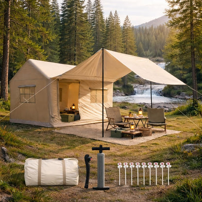 Luxury Inflatable Camping Tent House for 6-8 Person, 118"x158" XL Awning, 6.3" Extra Thick Air Beams (Stronger Than 5"), Heavy Duty Waterproof Oxford, Fast Setup Camping House with Pump & Bag