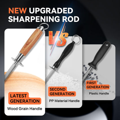 Monbalcon Honing Rod 10'', German High Carbon Steel Knife Sharpener Rod with Premium Gift Box, Professional Fine Sharpening Stone Kitchen Knife Whetstone with Natural Wood Handle, 10 inch