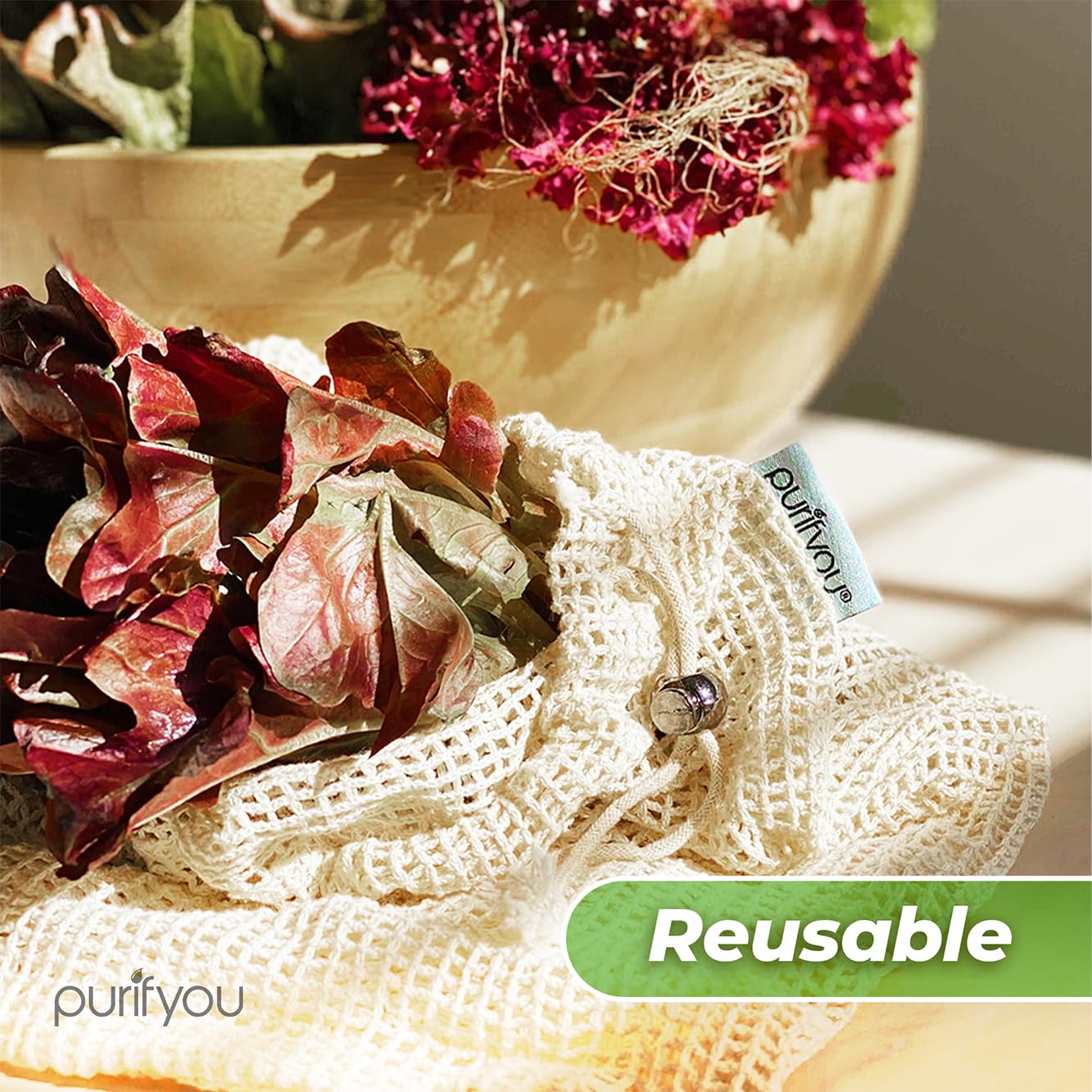 purifyou Set of 9 Reusable Produce Bags, Heavy Duty Washable Mesh Grocery Bag with Drawstring, Ideal for Farmers Market, Beach, and Refrigerator Storage (Extra Large, Large, Small)