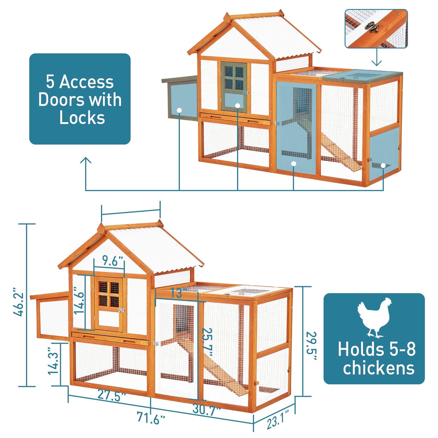 Chicken Coop with Nesting Box and Run, Wooden Outdoor Hen House, Chicken House with Ramp, 5 Access Doors, Removable Tray and Galvanized Wire for Backyard Poultry, Rabbit Hutch