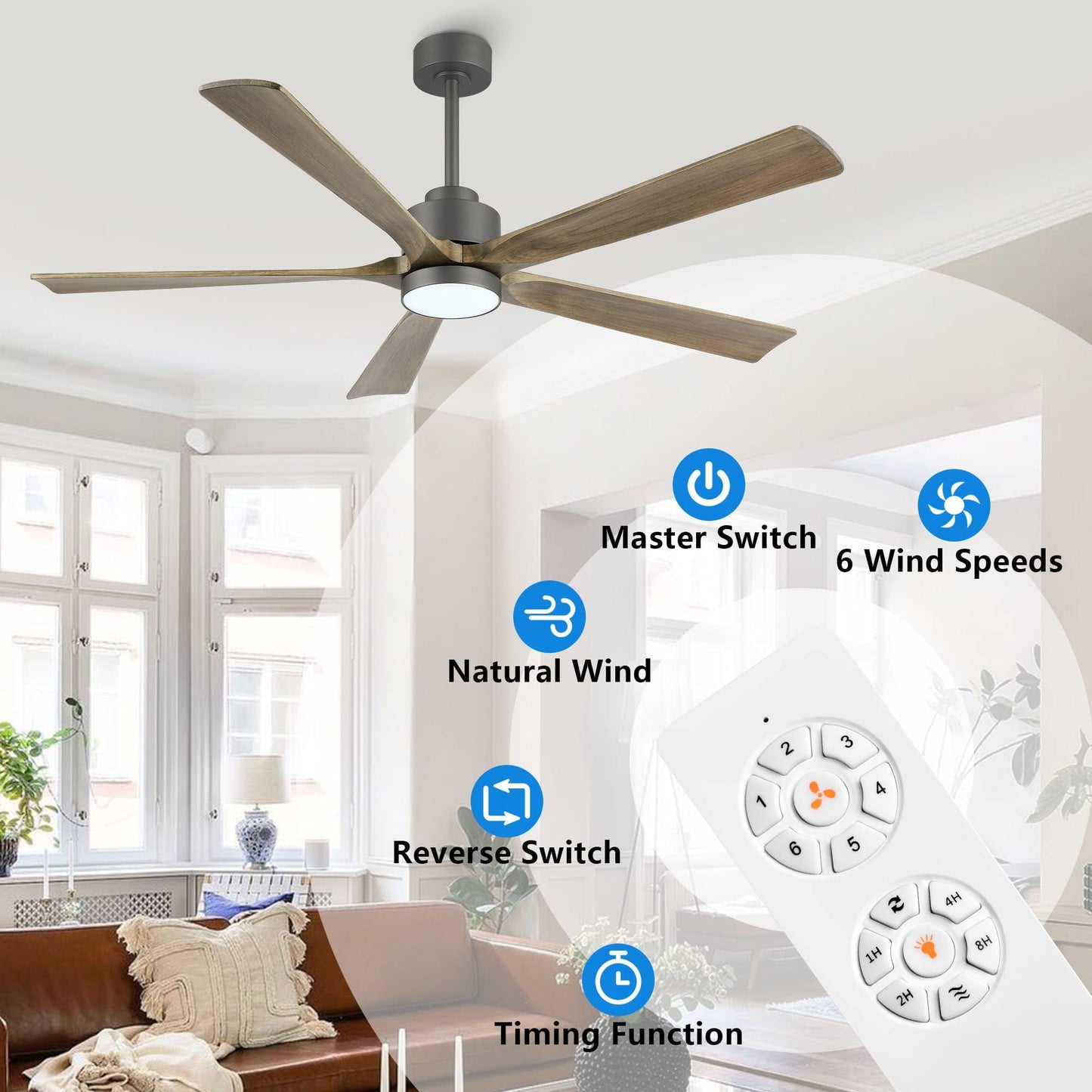 ELEHINSER 60" Modern Ceiling Fan with Light and Remote Control, 5 Solid Wood Blades 6-Speed Noiseless Reversible DC Motor, Ceiling Fan for Kitchen Dinning Living Room, Charcoal Finish with Wood Blades
