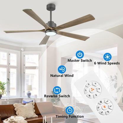 ELEHINSER 60" Modern Ceiling Fan with Light and Remote Control, 5 Solid Wood Blades 6-Speed Noiseless Reversible DC Motor, Ceiling Fan for Kitchen Dinning Living Room, Charcoal Finish with Wood Blades