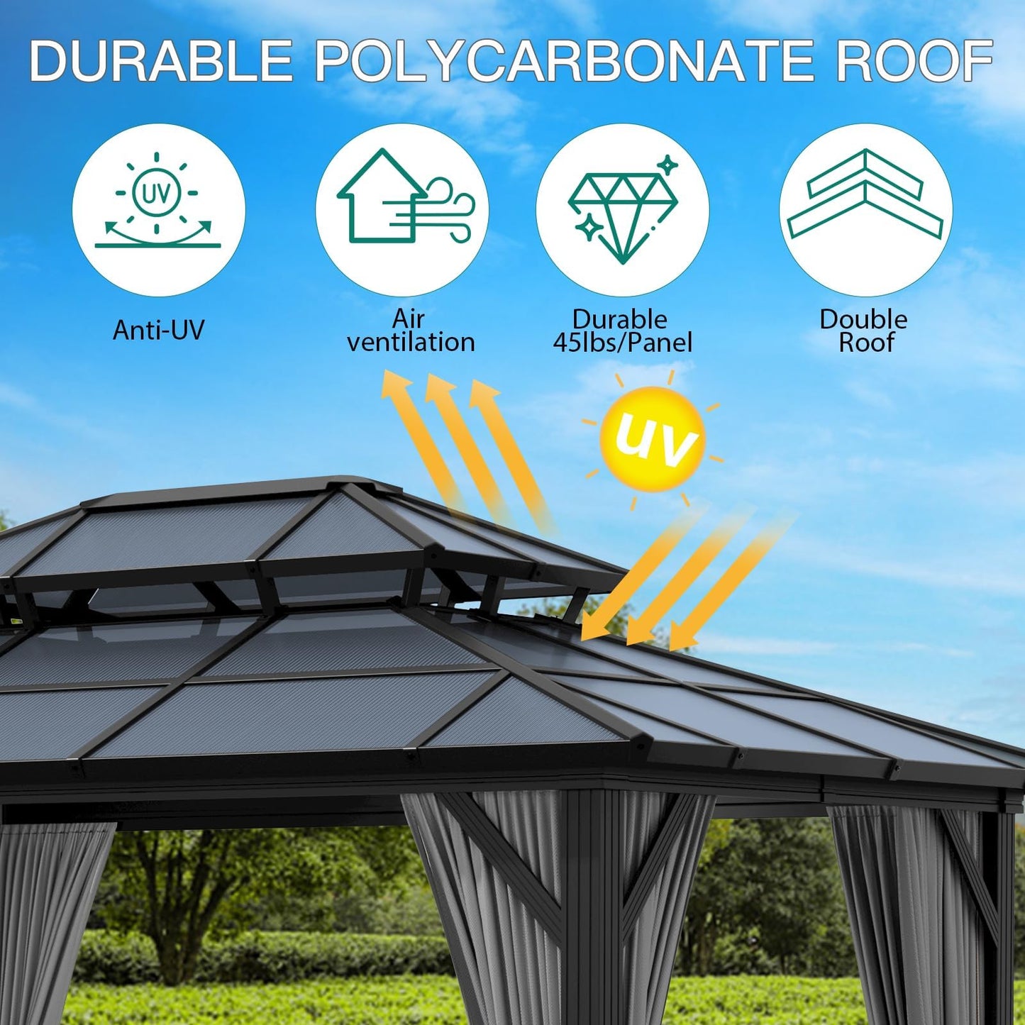 Hardtop Gazebo 10'x12' Double-Layer Polycarbonate Double Roof, Aluminum Frame Pavilion with Privacy Curtains and Netting All-Season for Patio, Garden, Hot Tub & Backyard