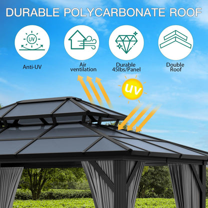 Hardtop Gazebo 10'x12' Double-Layer Polycarbonate Double Roof, Aluminum Frame Pavilion with Privacy Curtains and Netting All-Season for Patio, Garden, Hot Tub & Backyard