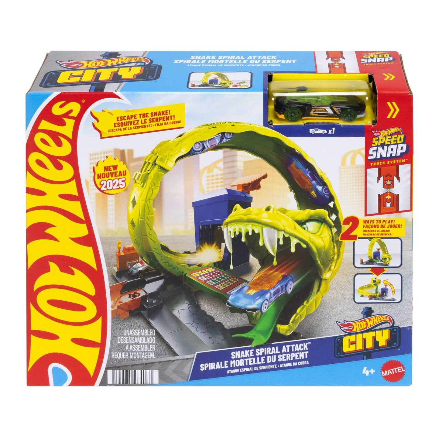 Hot Wheels Toy Car Track Set, Snake Gas Station Playset with 1:64 Scale Die-Cast Vehicle, 2 Ways to Play, Corkscrew Loop & Speed Snap Track