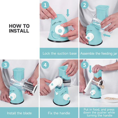 REDPANT Rotary Cheese Grater, Cheese Grater Hand Crank with 3 Interchangeable Blades, Manual Cheese Shredder with Strong Suction Base, Easy to Use and Clean, Blue