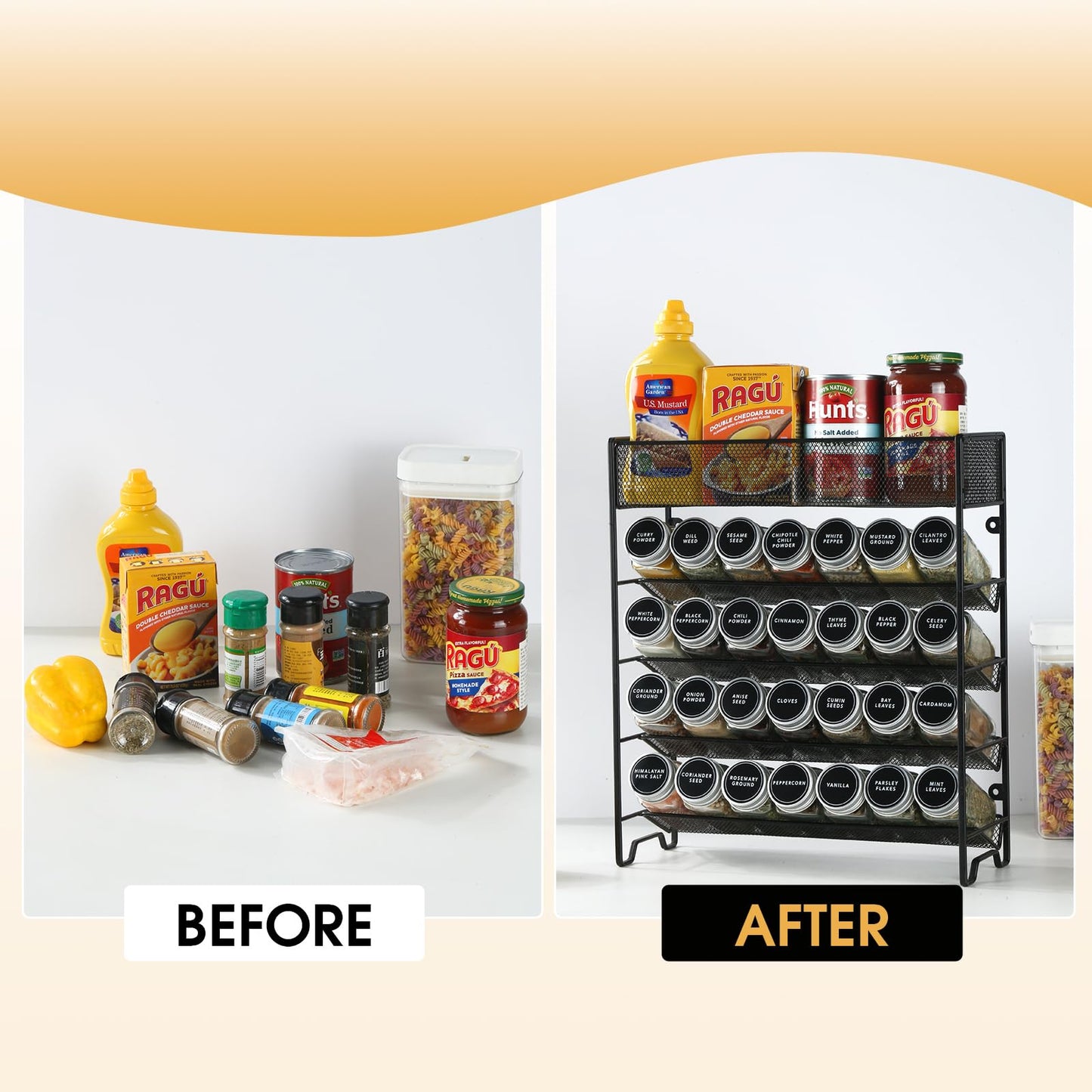 Spice Rack Organizer with 28 Spice Jars, Black Lids，Spice Labels, Chalk pen and Funnel Set for Cabinet, Countertop, Pantry, Cupboard or Wall Mount