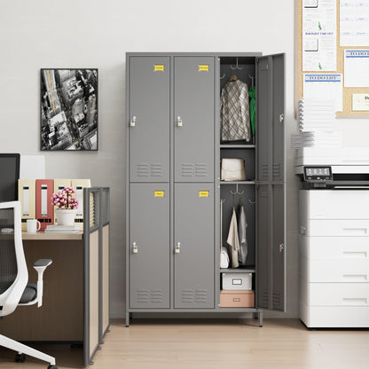 6 Door Metal Storage Locker for Employees,Heavy Duty Steel School Locker with Adjustable Shelves and 18 Hooks,Metal Lockers for Office,Gym,Home,72"H x 35.4"W x 15.75"D,Dark Grey,Assembly Required