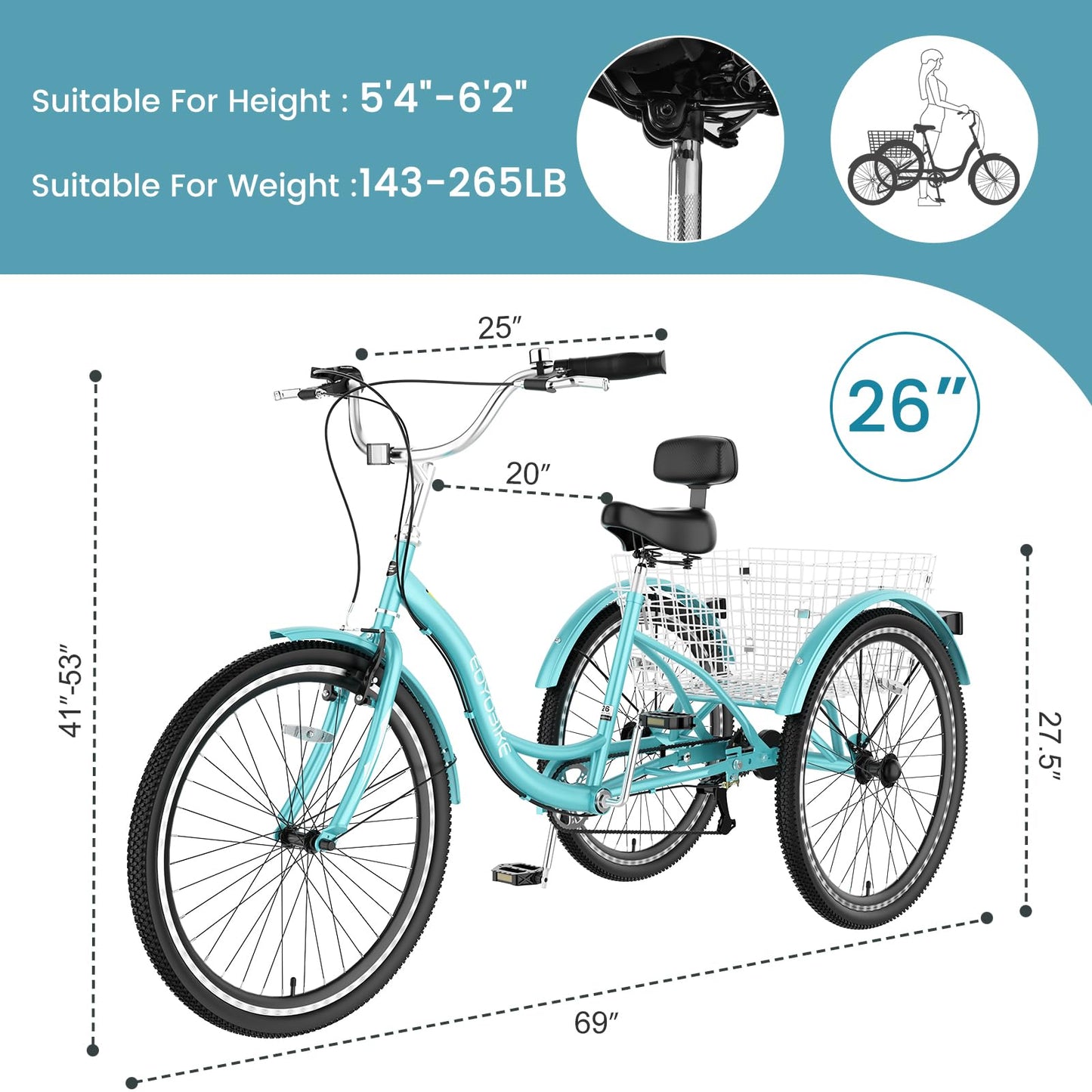 Slsy Adult Tricycle 7 Speed, 20/24/26 Inch Step-Through 3 Wheel Bike for Adults with Large Shopping Basket, 350 lb Capacity Adult Trike for Seniors, Women and Men