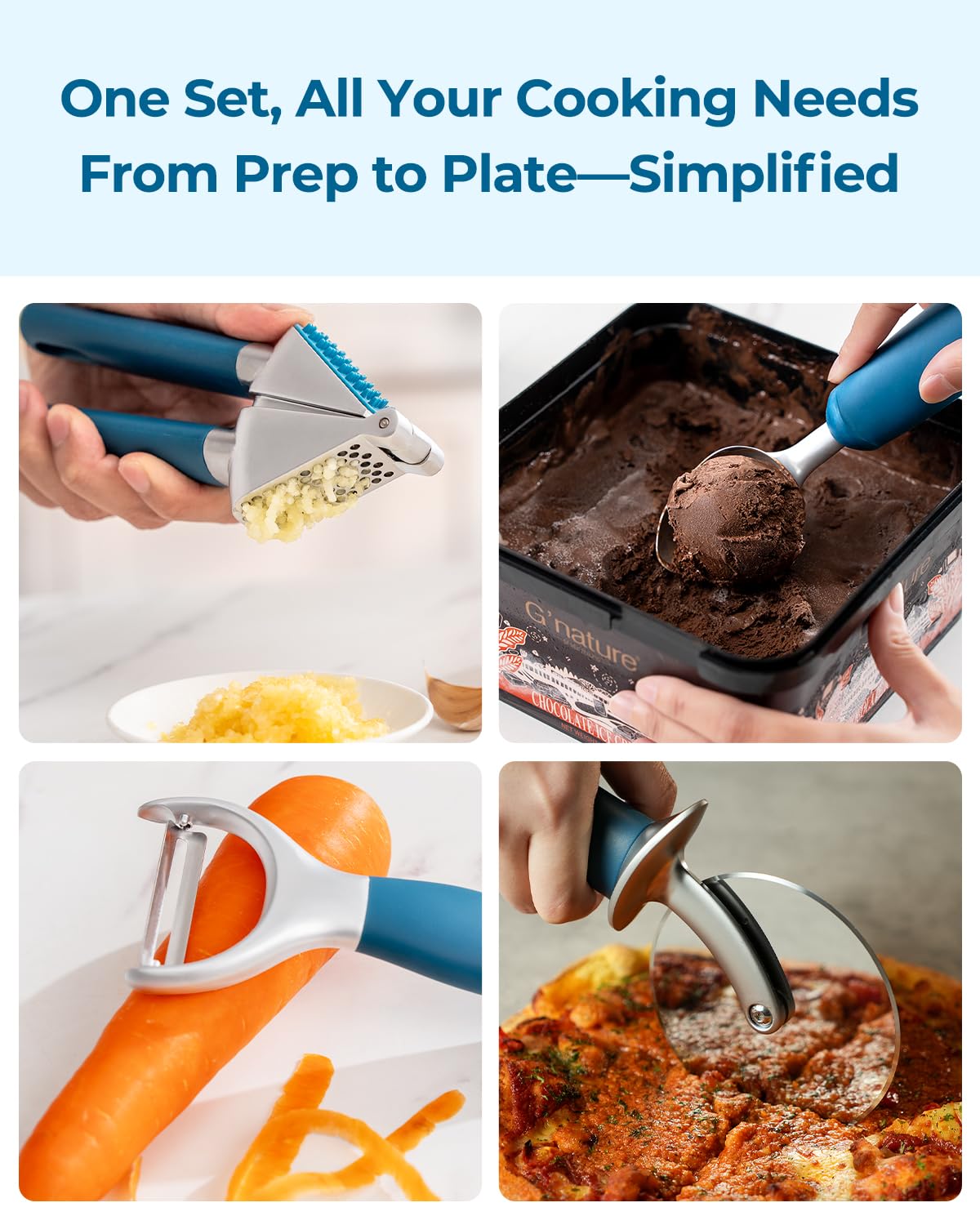 OOU Kitchen Gadget Set, 5 Piece Premium Zinc Alloy Kitchen Tools with Ergonomic TPE Handles – Includes Can Opener, Pizza Cutter, Garlic Press, Ice Cream Scoop, Peeler, and Wooden Storage Tray