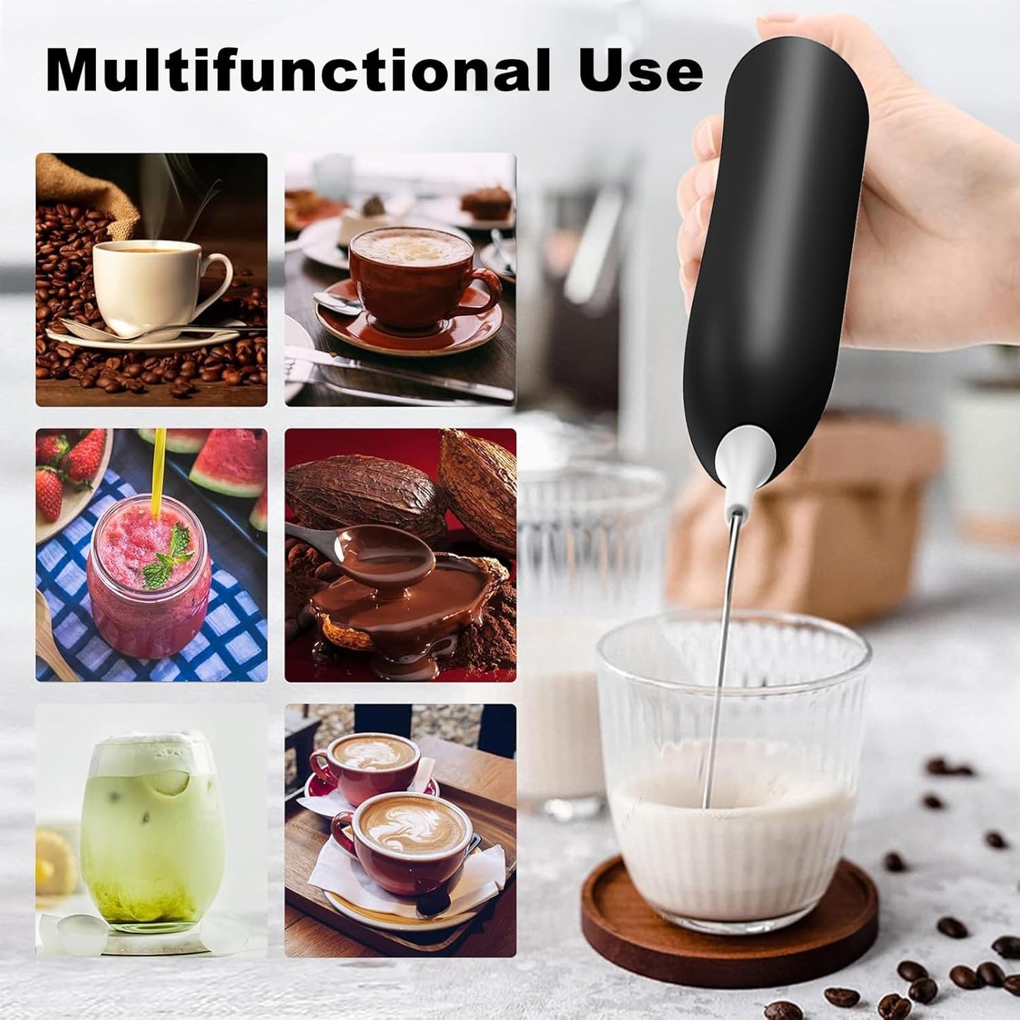 Milk Frother Rechargeable, Handheld Electric Whisk Beater, USB Frother for Cappuccino, Frappe, Hot Chocolate