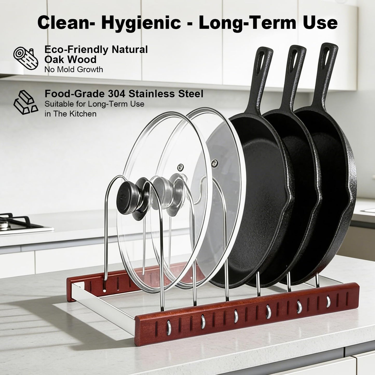 Pot Lid & Pan Organizer, Space-Saving Kitchen Cabinet Organizer W Oak Base & Self-Adaptive Flexible Design for Tray, Baking Sheet, Cutting Board, Cookware, Skillets - Cutting Board Holder Storage