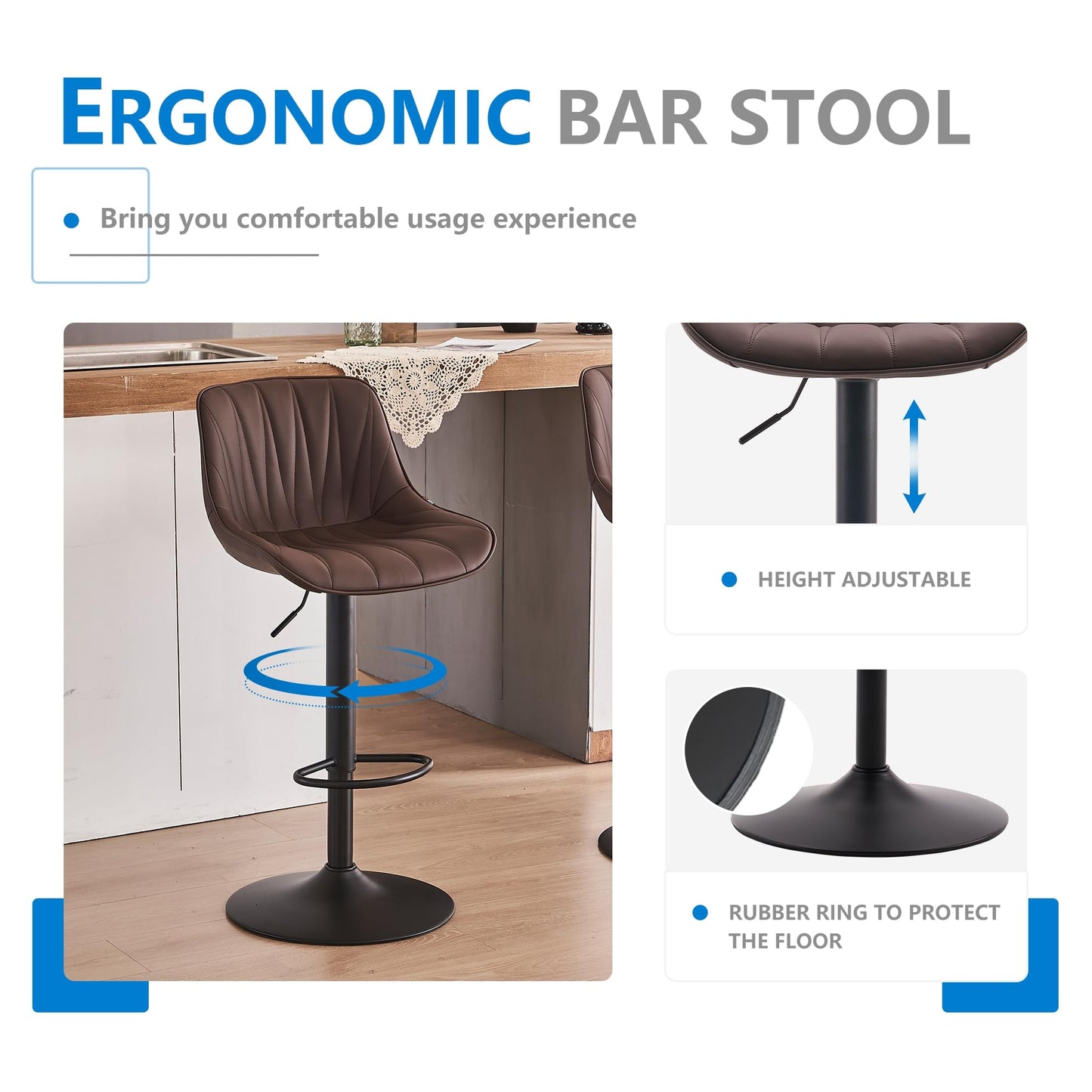YOUNIKE Bar Stools Set of 2 Dark Brown, Faux Leather Padded Bar Stool Counter Height Swivel Bar Chairs, Adjustable Barstools with Back for Kitchen Island, Modern Tall Bar Stools