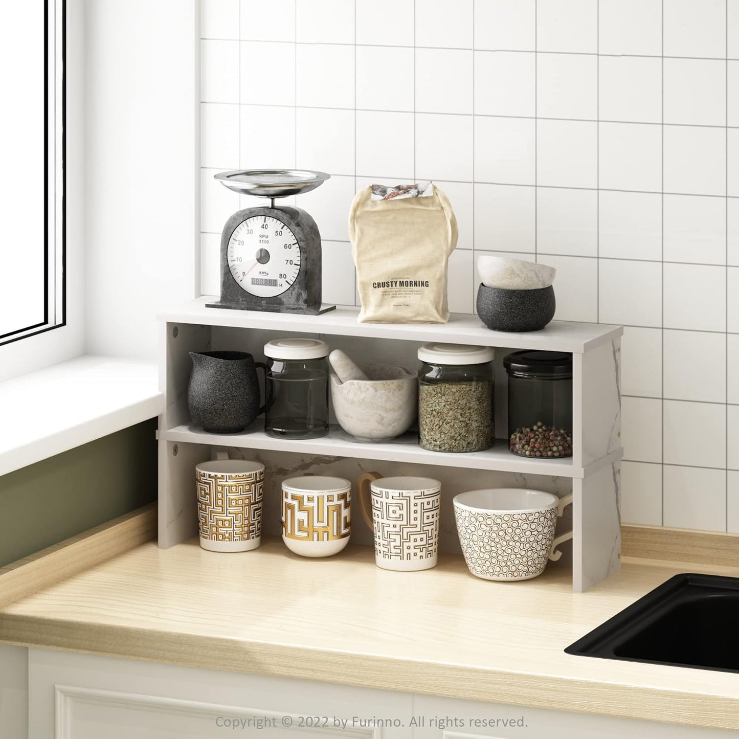 Furinno Helena Kitchen Counter Stackable Organizer Shelf, Set of 2, 23-Inch Marble White