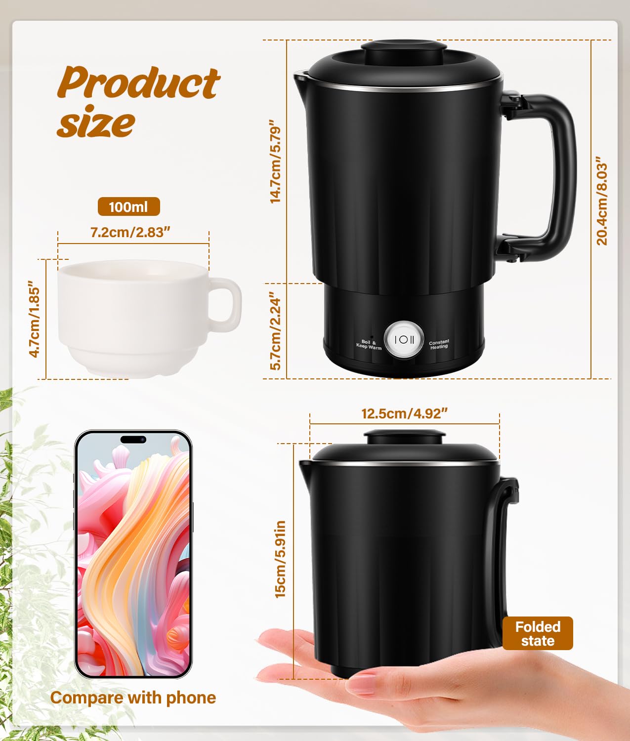 Portable Travel Electric Kettle, 600ML Small Water Kettle with Ceramic Cup, 304 Stainless Steel Water Boiler with Dual Power Control, Compact Design for Camping, RV, Business Trip & Hotel Stays, Black